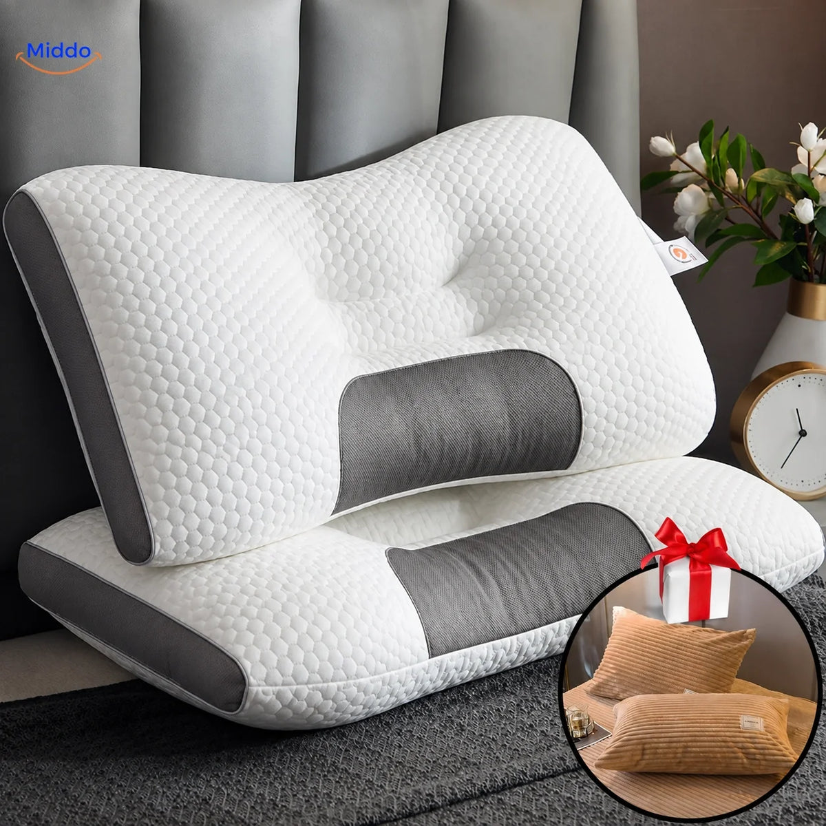 Cervical Support Pillow for Back & Side Sleepers with 2 Free Velvet Covers | Thomler