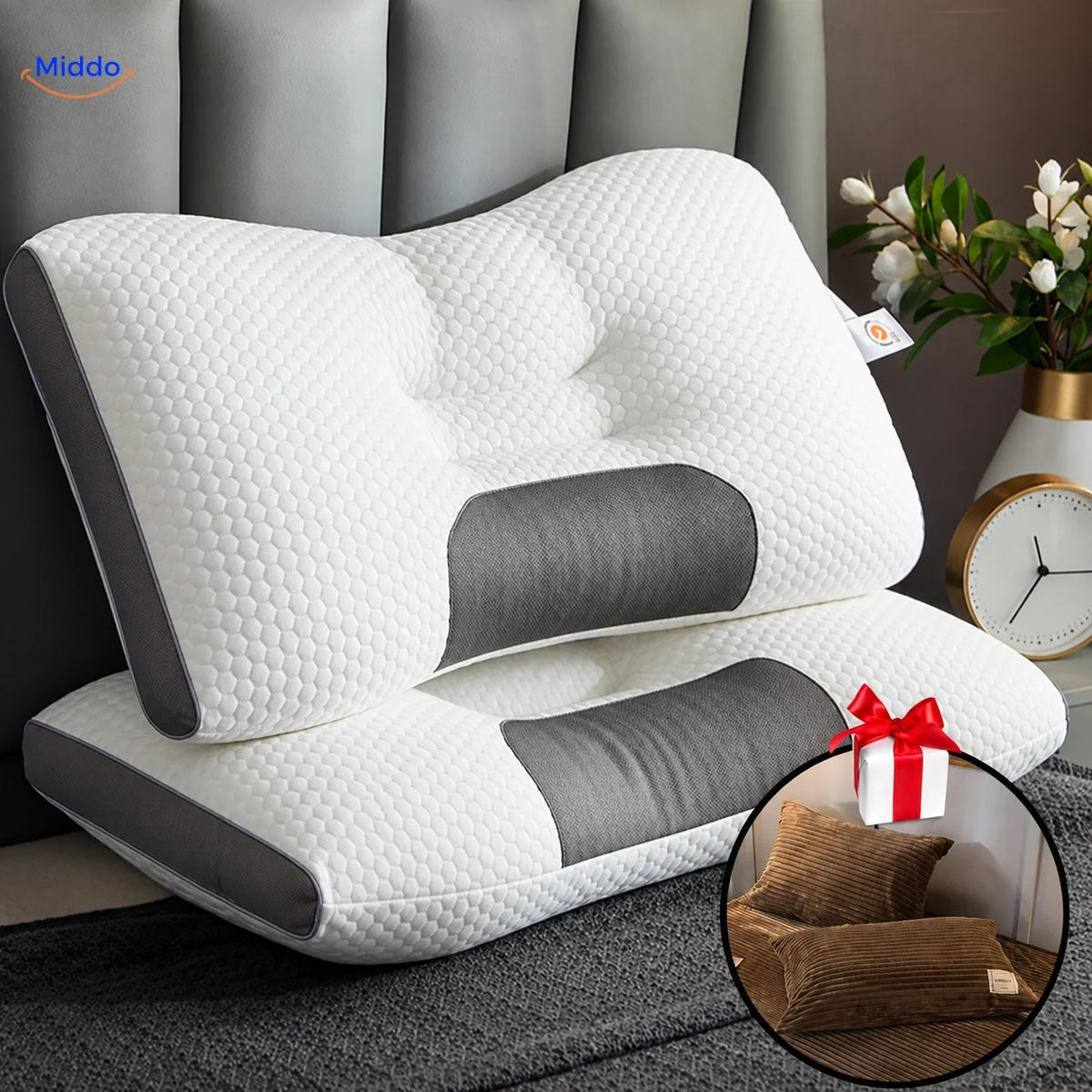 Cervical Support Pillow for Back & Side Sleepers with 2 Free Velvet Covers | Thomler