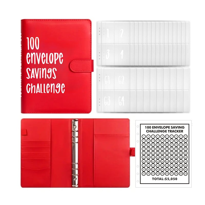 100-Envelope Money Saving Binder with Cash Envelopes for Budget Tracking & Financial Goals | PU Leather Organizer for Home Finance | Thomler