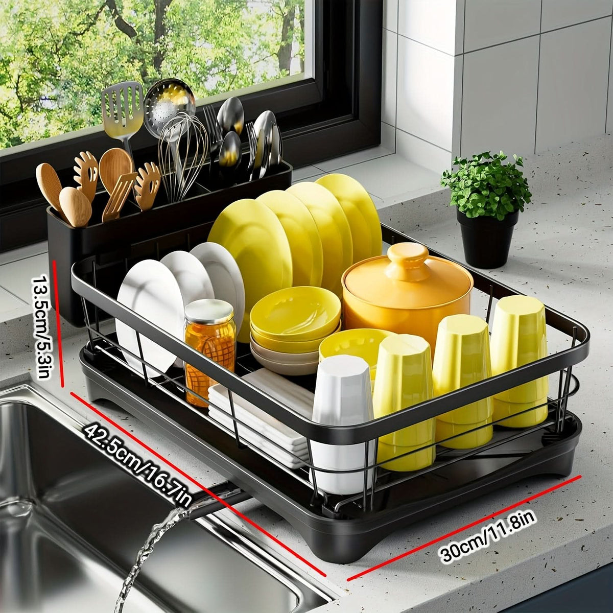 Countertop Dish Rack with Cutlery Caddy – Steel Frame Drainer for Plates, Bowls & Silverware | Rust-Resistant Kitchen Organizer | Thomler