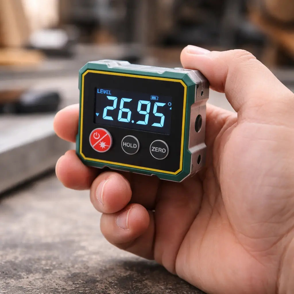 Magnetic Angle Finder with Dual Laser Level for Wall Mounting, Carpentry & DIY Projects – Digital Display, Battery Powered | Thomler