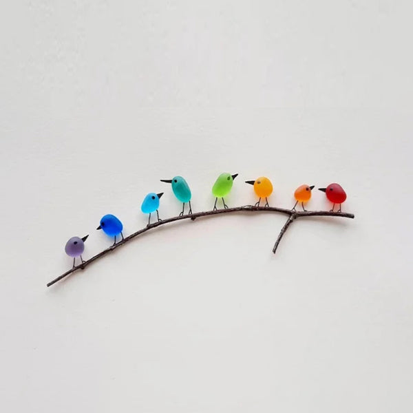 Sea Glass Bird Figurines on Driftwood Branch – Handcrafted Coastal Wall Art with Reclaimed Ocean Glass – 8, 10, or 12 Birds | Thomler