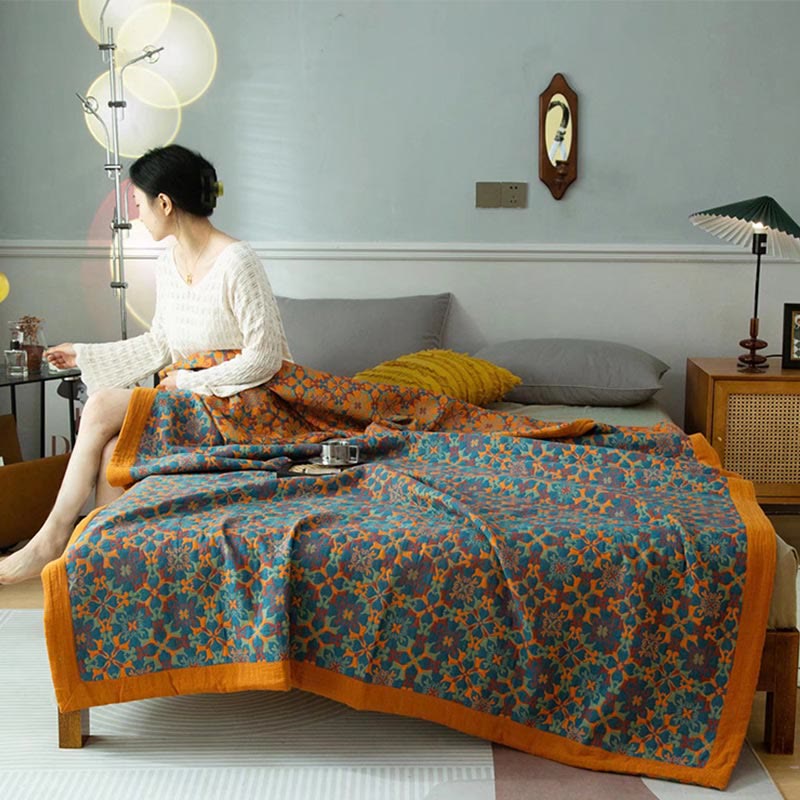Six-Layer Cotton Quilt Reversible Lightweight Blanket Orange Blue Geometric Pattern for Year-Round Comfort Bedroom Guest Room | Thomler