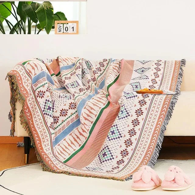 Throw Blanket Cotton Polyester Jacquard Weave Multicolour Sofa Bed Decorative Fringed Bohemian Living Room Accent Cover | Thomler