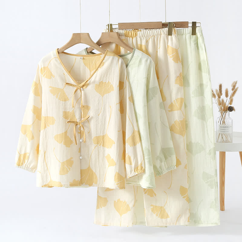 Women's Cotton Pajama Set with Ginkgo Leaf Print and Bow Tie Detail for Lounging at Home | Thomler