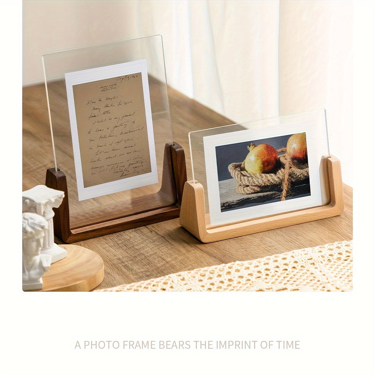 Clear Acrylic Photo Display Stand with Wood Base – Portrait or Landscape Picture Holder for Desk, Shelf, Bedroom Decor | Thomler