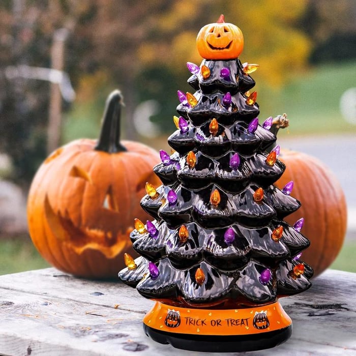 Battery-Powered Ceramic Tree with Purple & Orange Bead Lights – Spooky Holiday Accent for Desktop, Shelf & Mantle | Thomler
