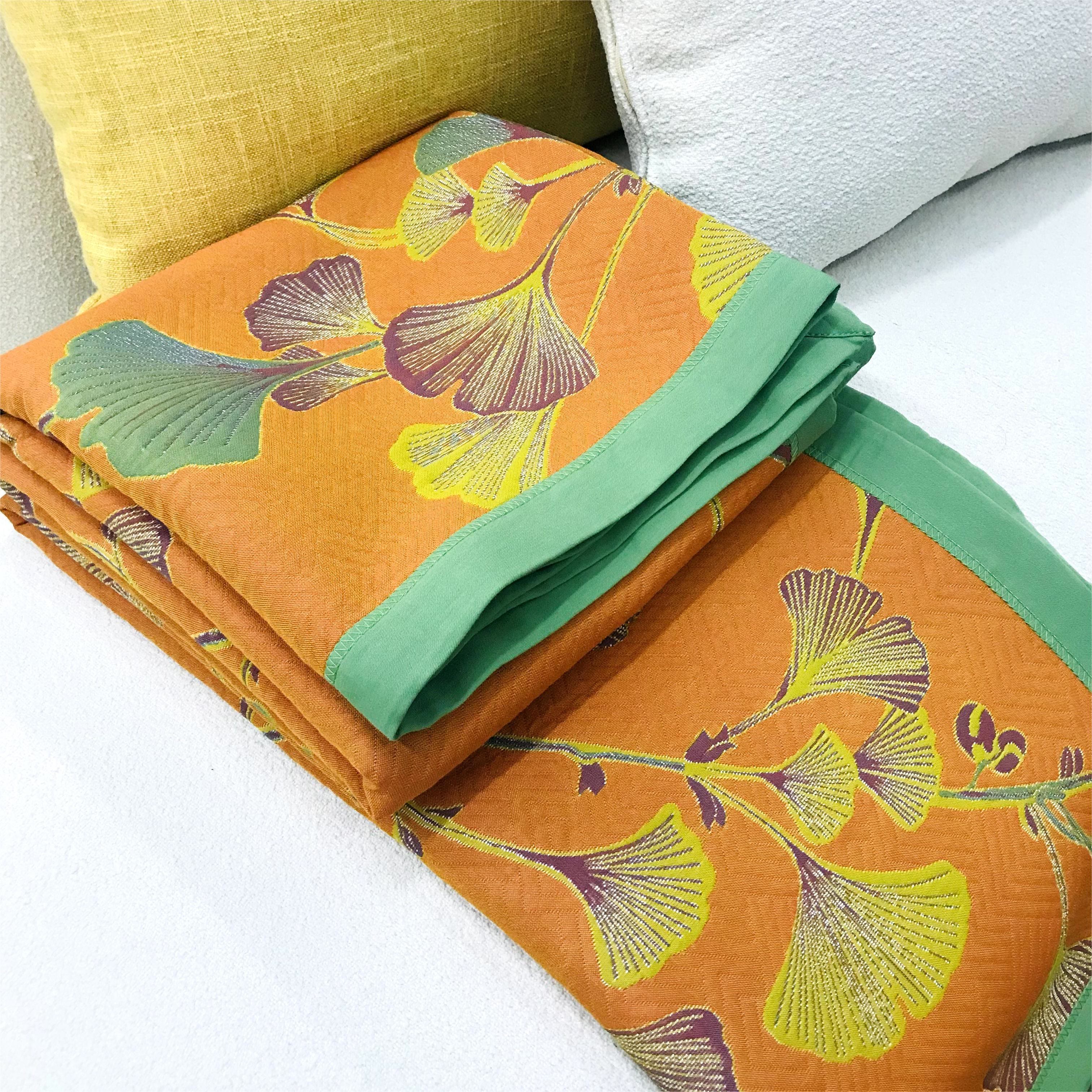Reversible Cotton Throw Blanket with Ginkgo Leaf Pattern – Lightweight Summer Quilt for Bed, Sofa & Travel | Thomler