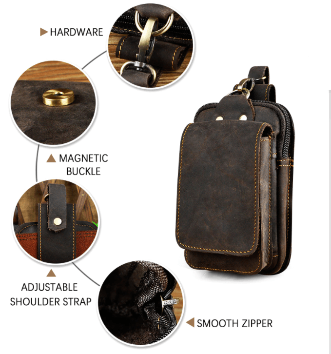 Full-Grain Cowhide Belt Pouch for Men | Zippered Compartment & Magnetic Closure | Adjustable Elastic Strap | Hands-Free Carry for Travel, Co | Thomler