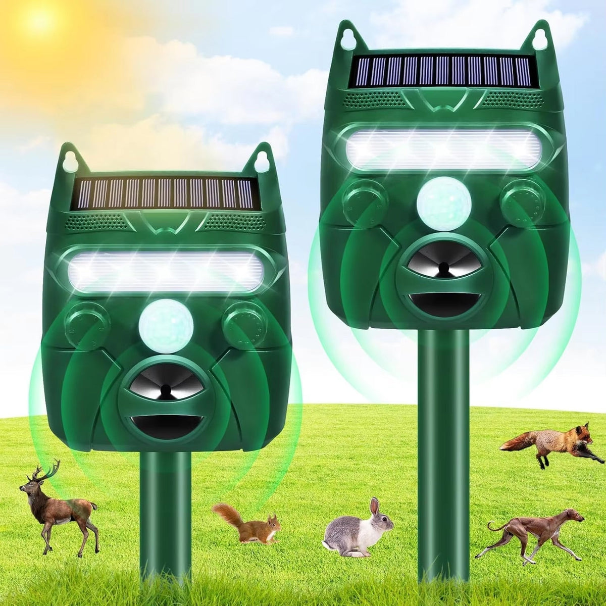Outdoor Motion-Activated Sonic Wildlife Deterrent – Solar Rechargeable, Waterproof Barrier for Yard & Garden – Covers 1200 Sq Ft | Thomler
