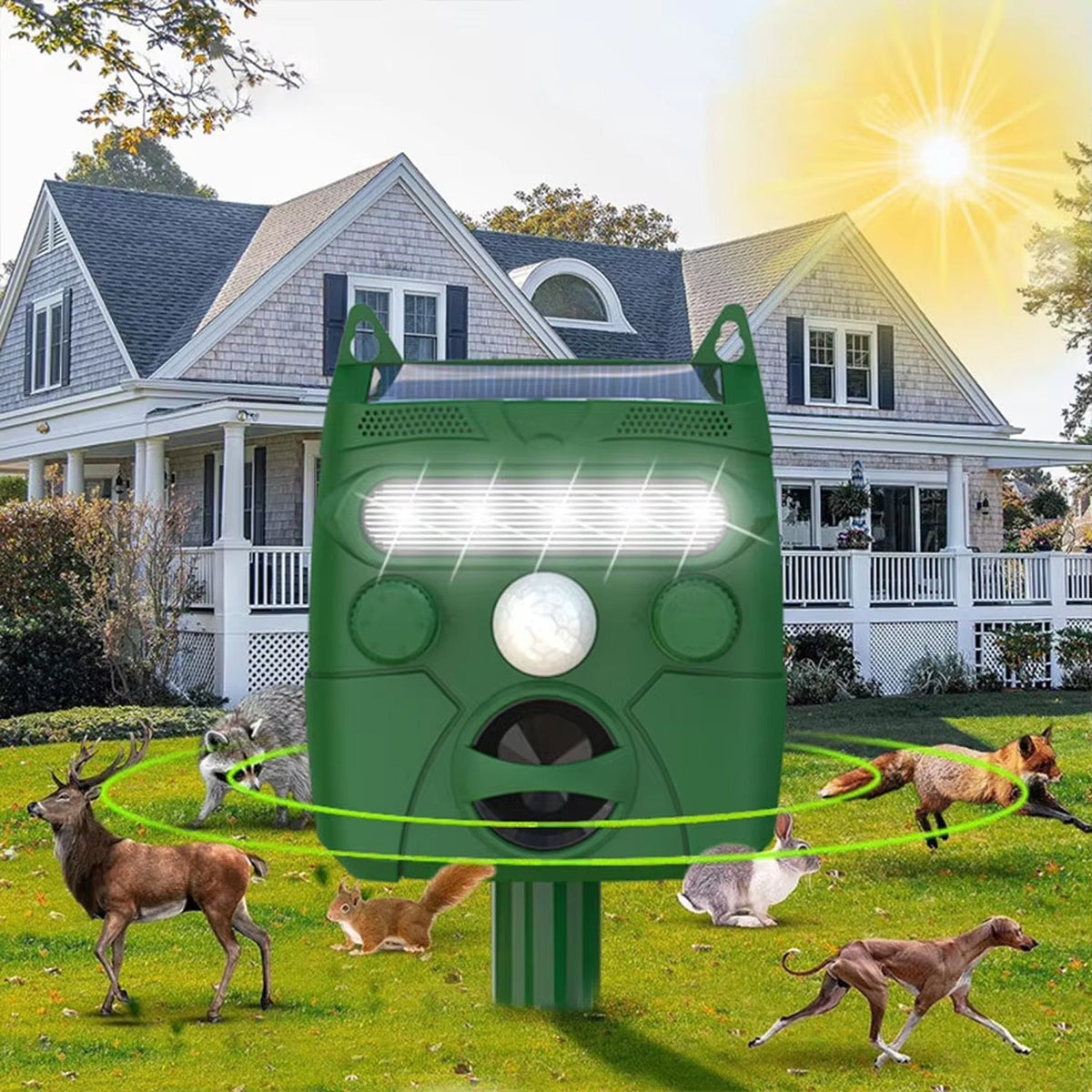 Outdoor Motion-Activated Sonic Wildlife Deterrent – Solar Rechargeable, Waterproof Barrier for Yard & Garden – Covers 1200 Sq Ft | Thomler