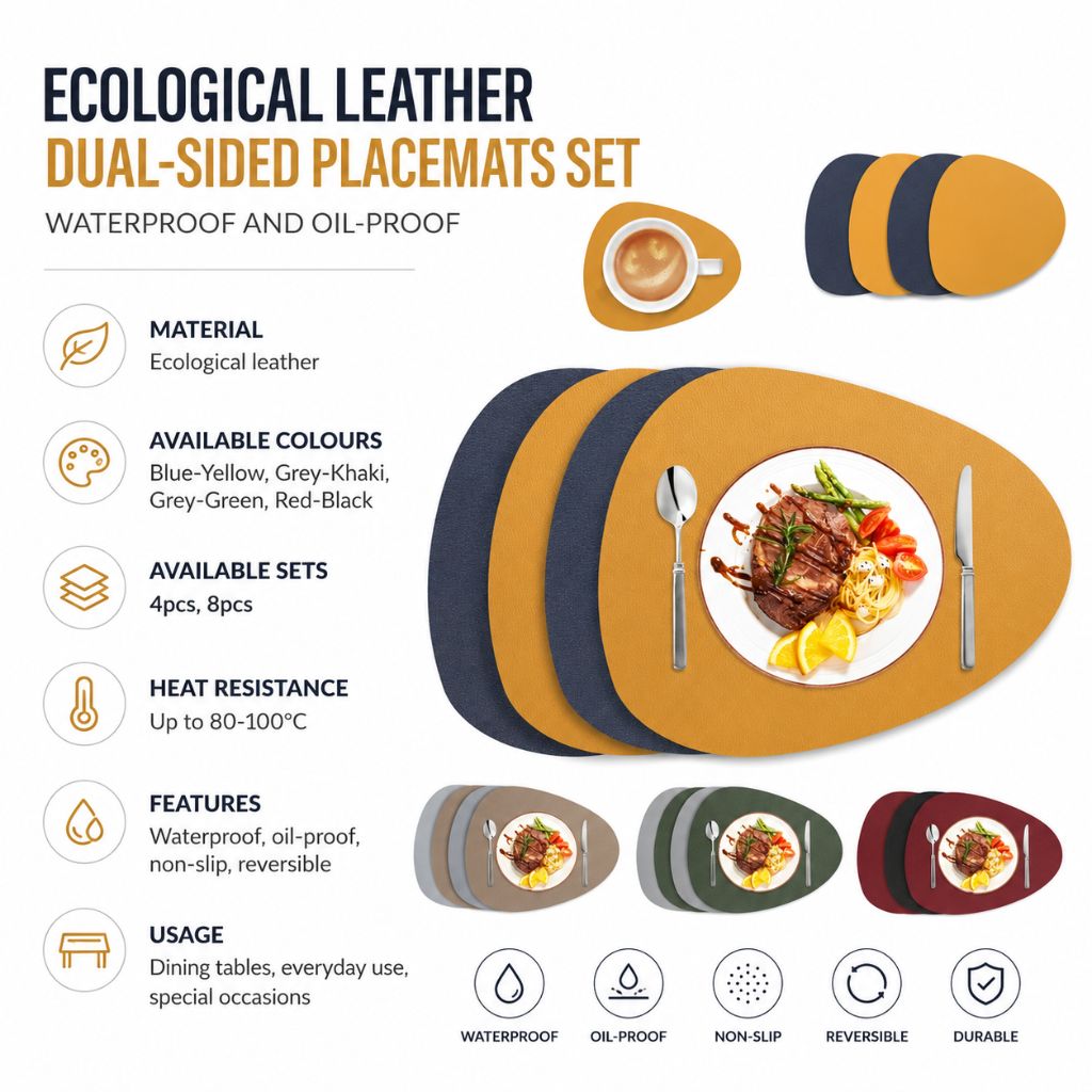 Reversible Faux Leather Table Mats 4 or 8 Pack Wipeable Heat Resistant Non-Slip for Kitchen Dining Room Everyday Meals Family Dinner | Thomler