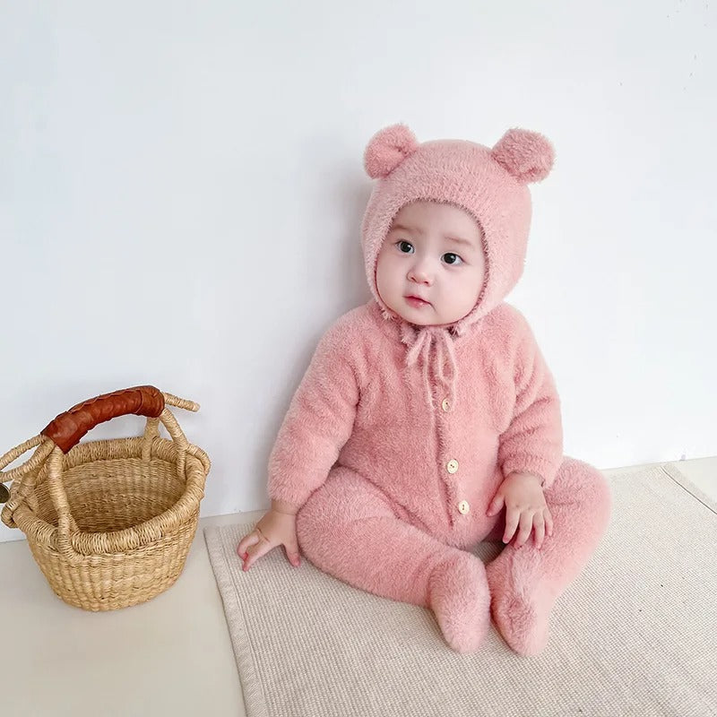 Plush Bear Hooded Romper for Baby – Soft Fleece Bodysuit Onesie for Infant Boys & Girls | Thomler