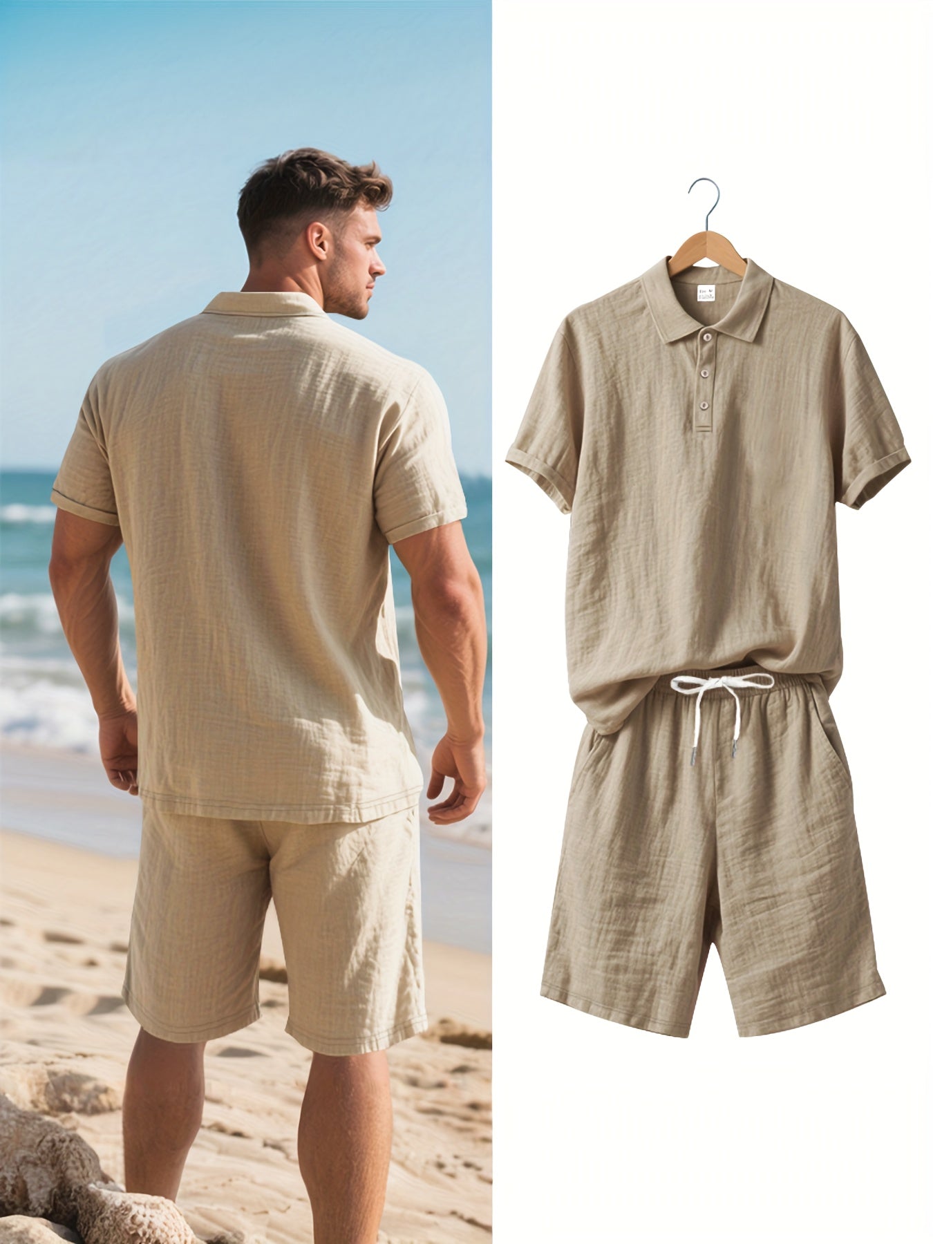 Men's Short-Sleeve Polo & Shorts Linen Set Summer Two-Piece Outfit Lightweight Breathable Casual Wear for Warm Weather | Thomler