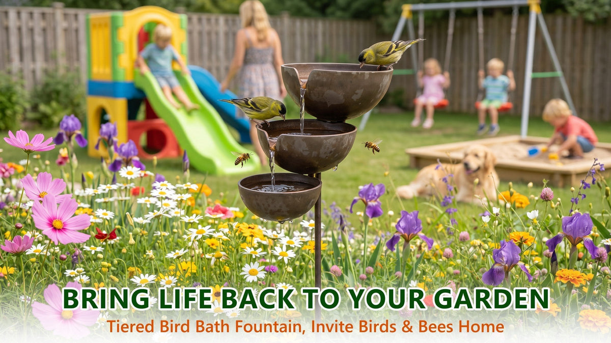 Tiered Metal Rain-Fed Bird Bath for Garden – Self-Filling Water Feature with Cascading Bowls | Thomler