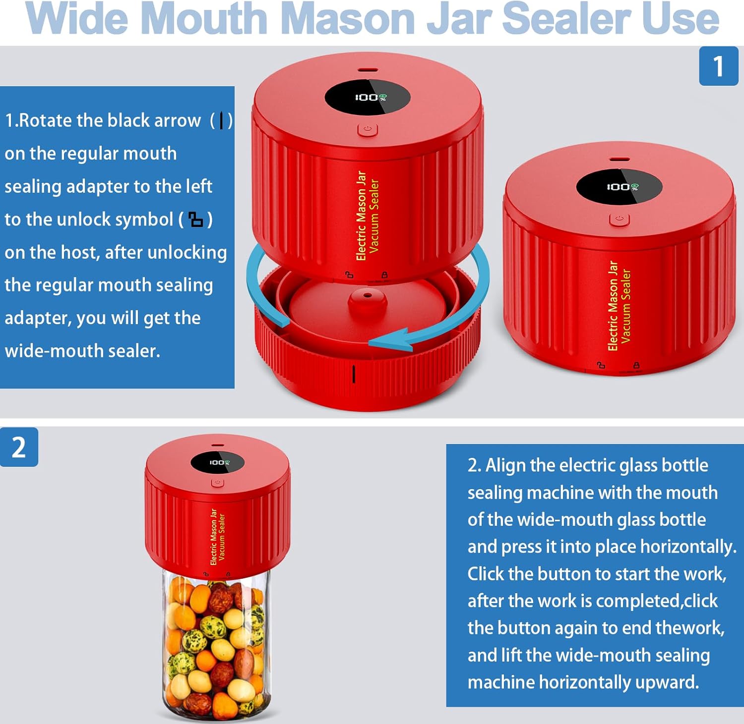 Handheld Vacuum Sealer for Mason Jars – Wide & Regular Mouth Jar Sealer for Dry Goods, Herbs & Pantry Organization – One-Touch Food Storage | Thomler