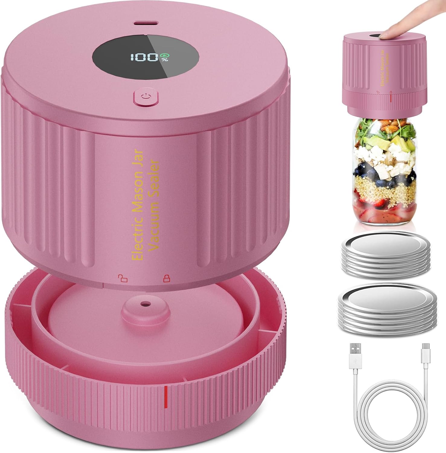 Handheld Vacuum Sealer for Mason Jars – Wide & Regular Mouth Jar Sealer for Dry Goods, Herbs & Pantry Organization – One-Touch Food Storage | Thomler