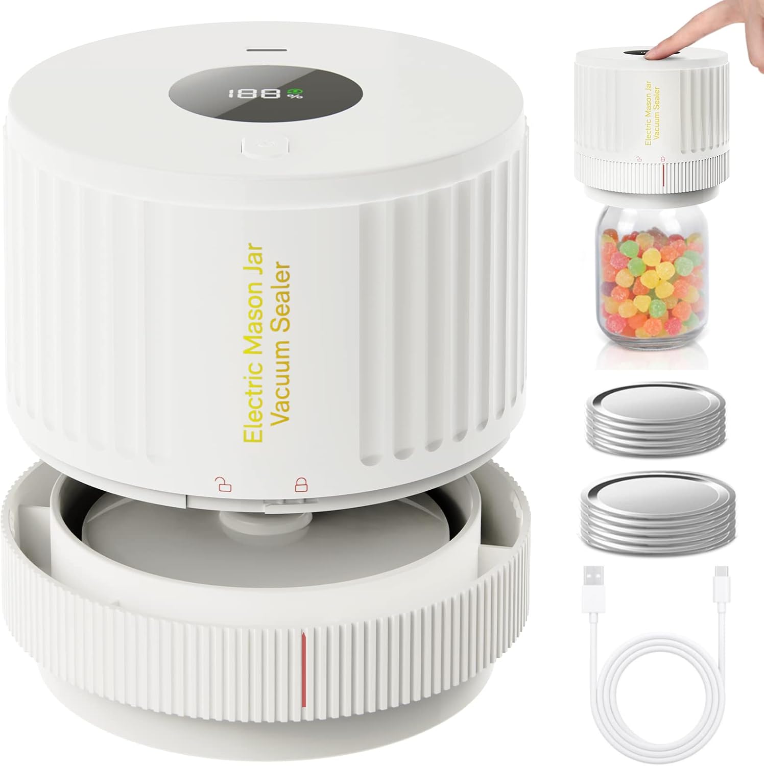 Handheld Vacuum Sealer for Mason Jars – Wide & Regular Mouth Jar Sealer for Dry Goods, Herbs & Pantry Organization – One-Touch Food Storage | Thomler