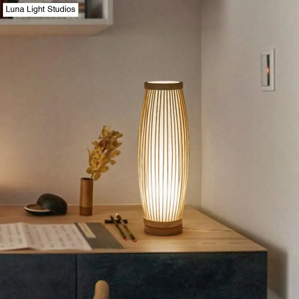 Oriental Woven Shade Accent Lamp with Natural Finish for Bedroom, Living Room & Home Decor | Thomler