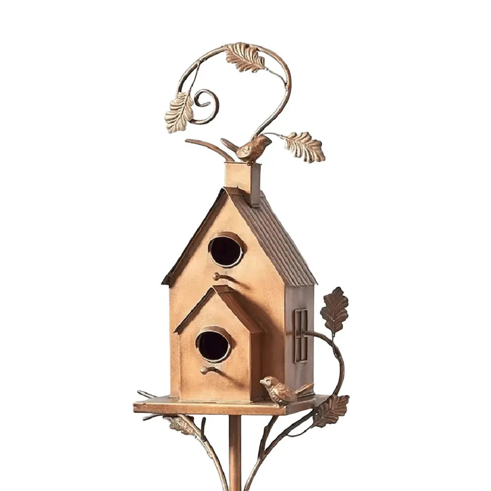 Metal Post-Mounted Bird Nesting House for Backyard Wildlife Habitat | Decorative Freestanding Garden Stake Feeder Station for Songbirds | Thomler