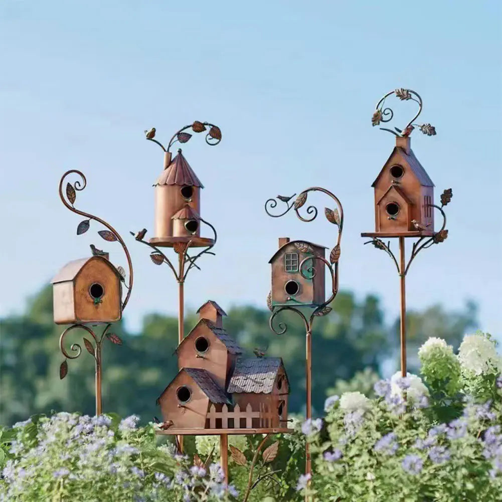 Metal Post-Mounted Bird Nesting House for Backyard Wildlife Habitat | Decorative Freestanding Garden Stake Feeder Station for Songbirds | Thomler