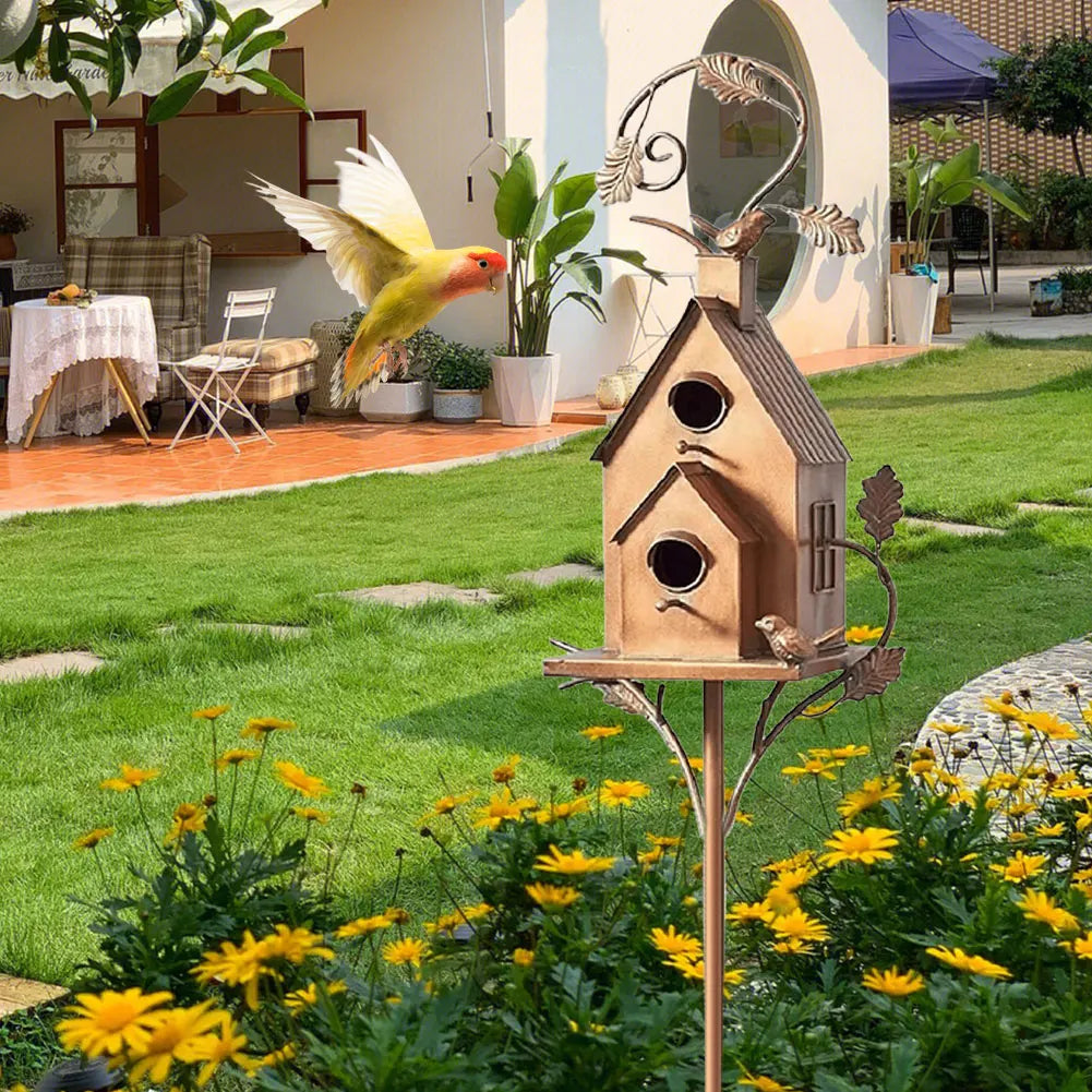 Metal Post-Mounted Bird Nesting House for Backyard Wildlife Habitat | Decorative Freestanding Garden Stake Feeder Station for Songbirds | Thomler