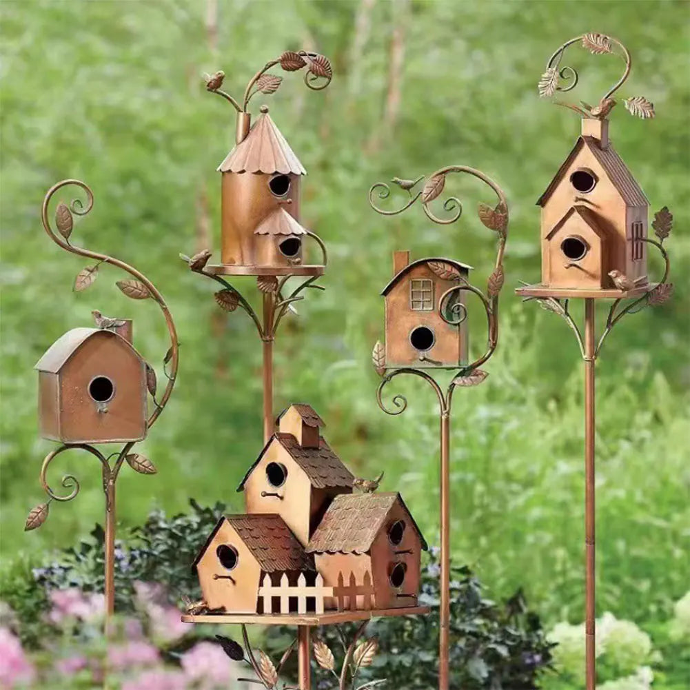 Metal Post-Mounted Bird Nesting House for Backyard Wildlife Habitat | Decorative Freestanding Garden Stake Feeder Station for Songbirds | Thomler