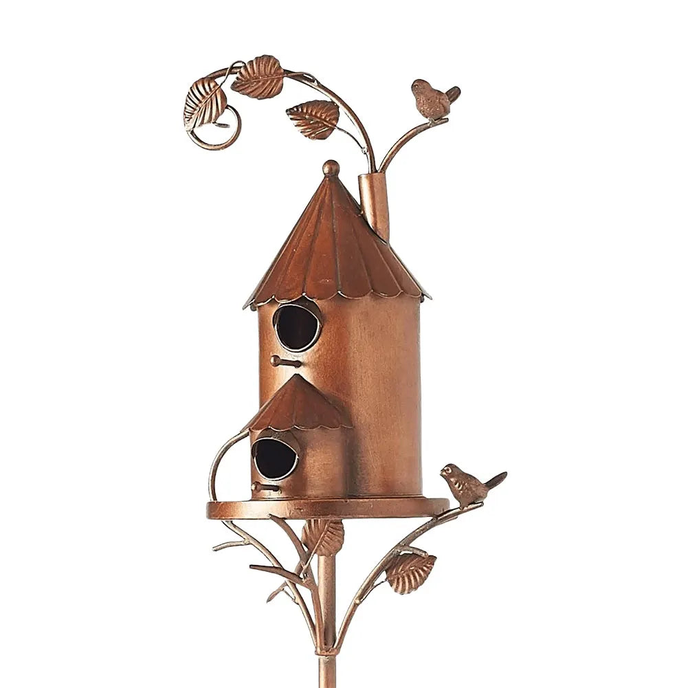 Metal Post-Mounted Bird Nesting House for Backyard Wildlife Habitat | Decorative Freestanding Garden Stake Feeder Station for Songbirds | Thomler