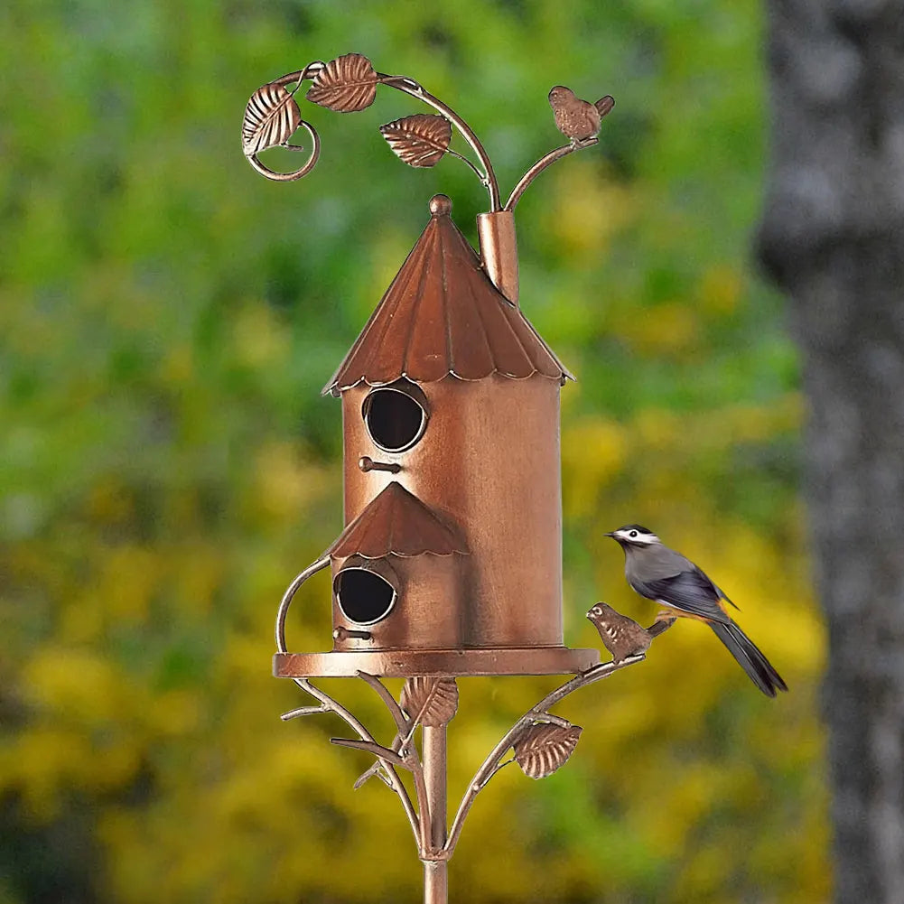 Metal Post-Mounted Bird Nesting House for Backyard Wildlife Habitat | Decorative Freestanding Garden Stake Feeder Station for Songbirds | Thomler