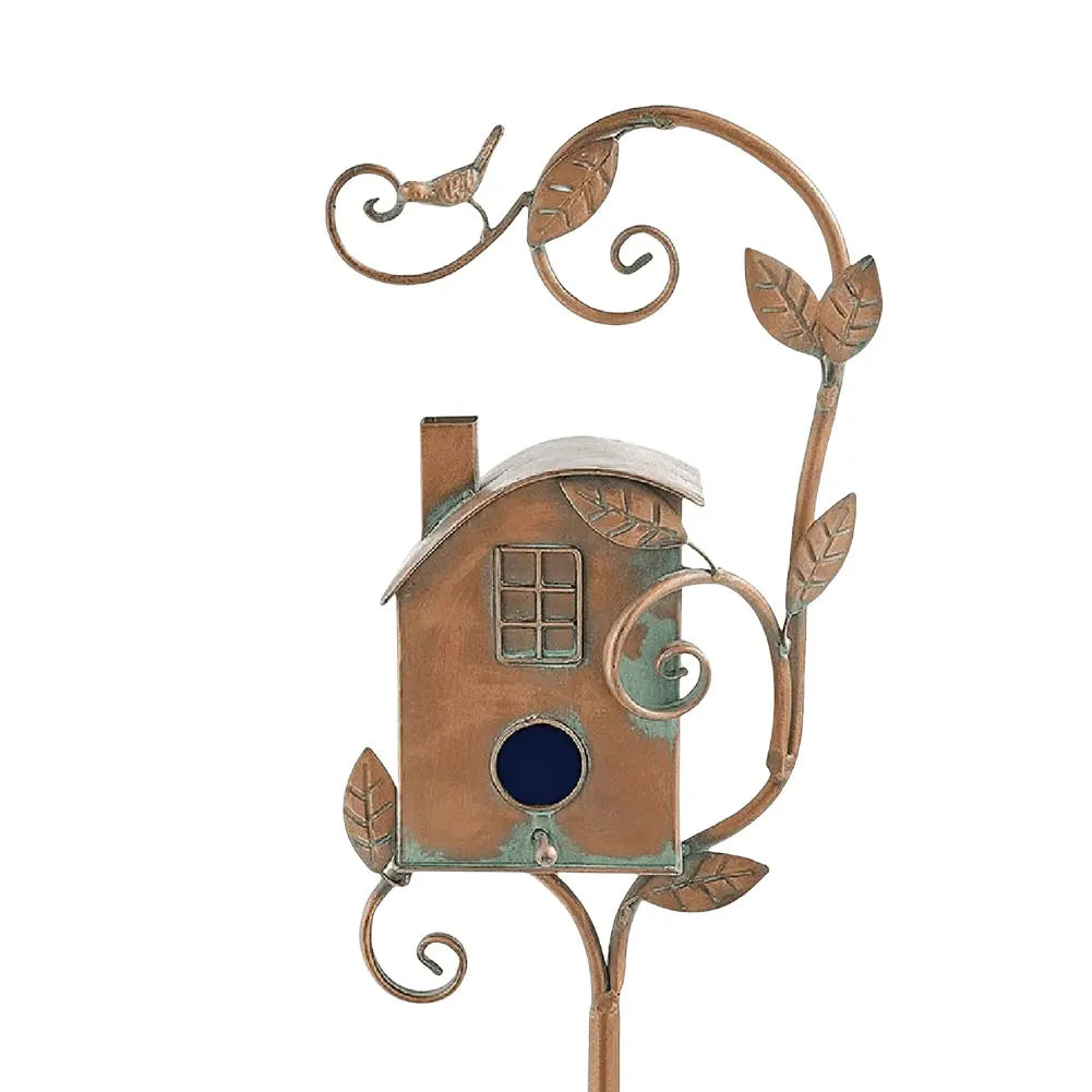 Metal Post-Mounted Bird Nesting House for Backyard Wildlife Habitat | Decorative Freestanding Garden Stake Feeder Station for Songbirds | Thomler