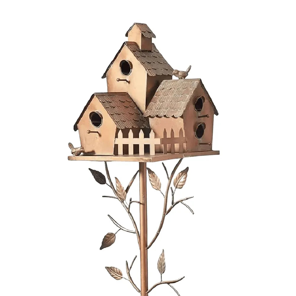 Metal Post-Mounted Bird Nesting House for Backyard Wildlife Habitat | Decorative Freestanding Garden Stake Feeder Station for Songbirds | Thomler