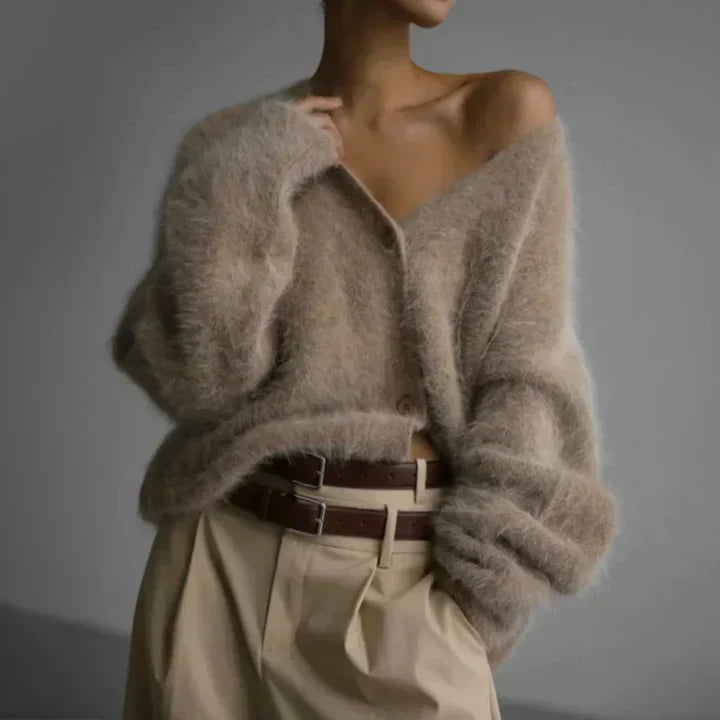 Cloud-Soft Button-Up Knit Sweater with Deep V-Neck & Slouchy Sleeves – Women's Relaxed Oversized Cardigan for Layering | Thomler