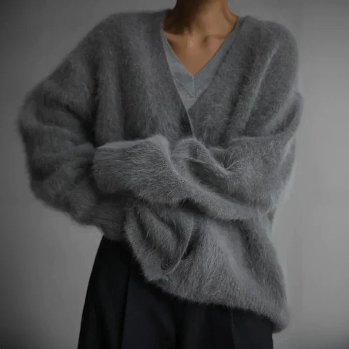 Cloud-Soft Button-Up Knit Sweater with Deep V-Neck & Slouchy Sleeves – Women's Relaxed Oversized Cardigan for Layering | Thomler