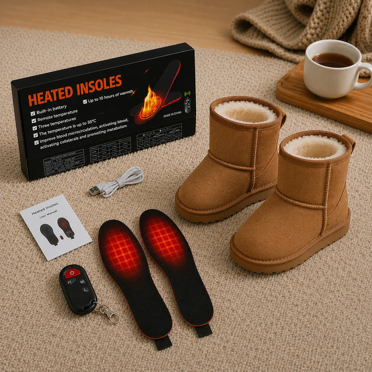 Rechargeable Heated Insoles with Wireless Remote for Cold Weather Warmth – Adjustable Temperature Foot Warmers for Winter Boots, Sneakers | Thomler