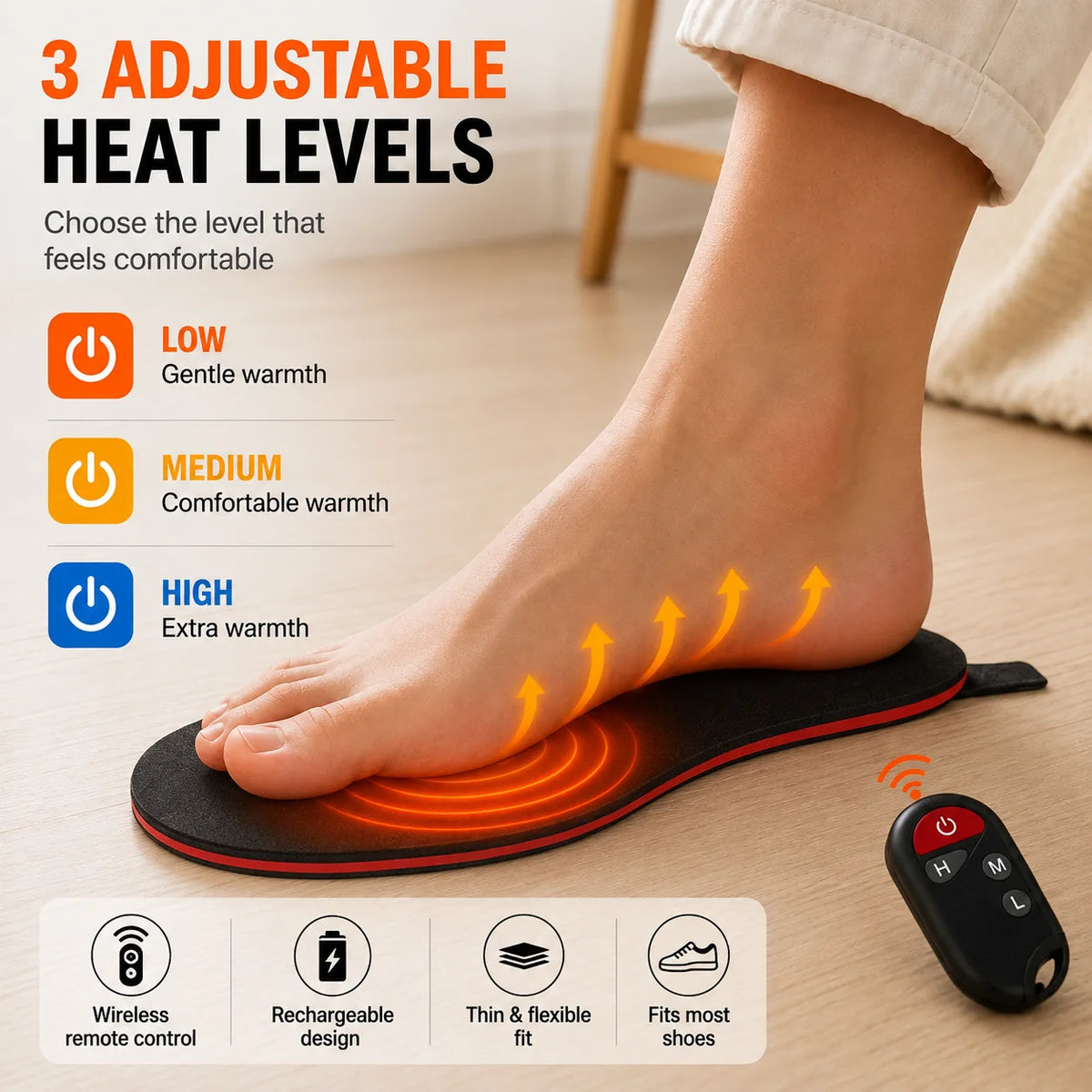 Rechargeable Heated Insoles with Wireless Remote for Cold Weather Warmth – Adjustable Temperature Foot Warmers for Winter Boots, Sneakers | Thomler
