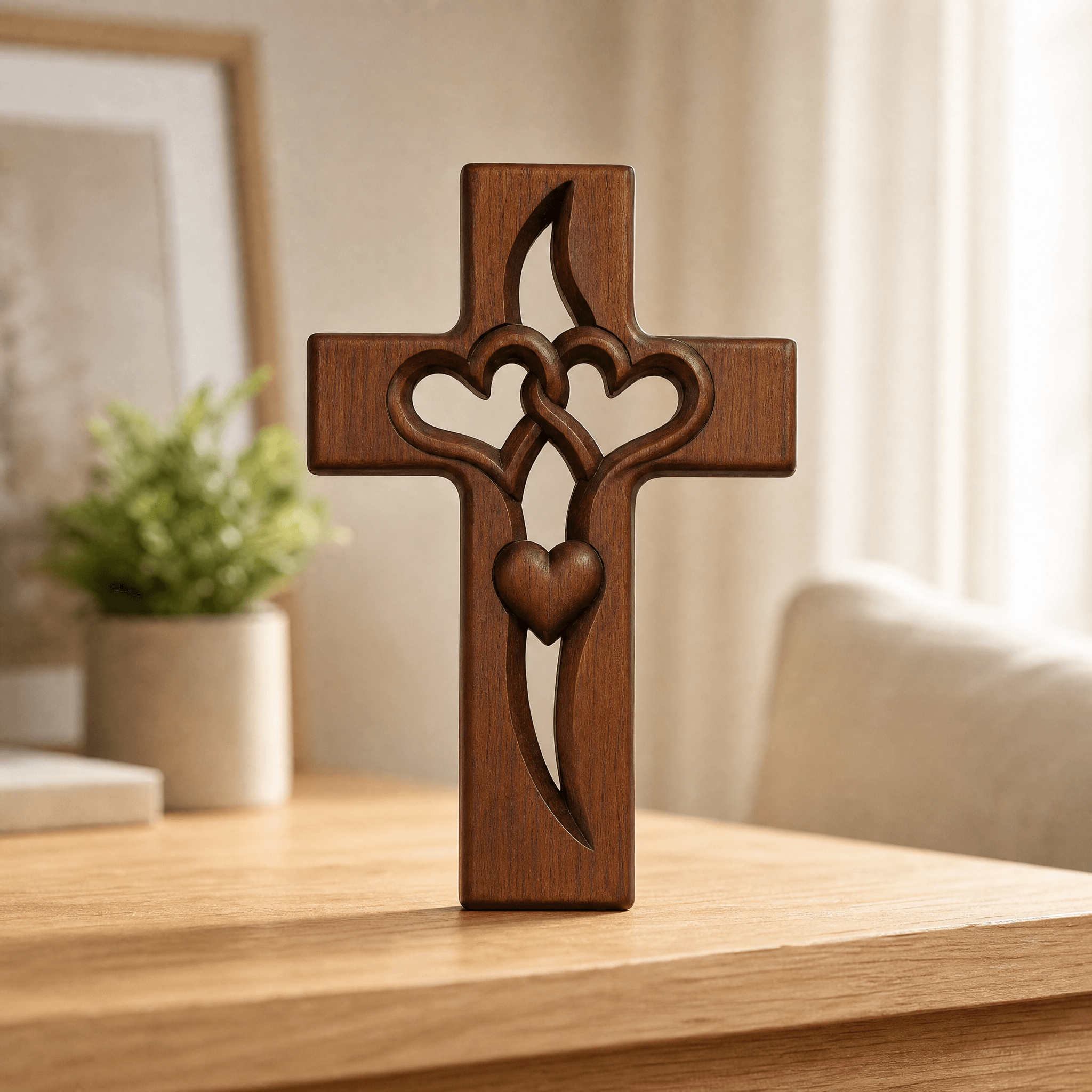 Wooden Cross Wall Art with Dual Hearts for Living Room Bedroom Entryway Faith Decor Handcrafted Religious Symbol | Thomler