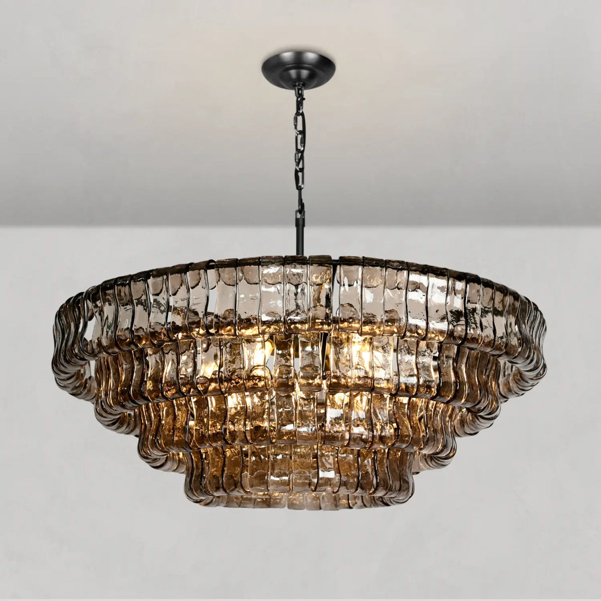 Textured Glass Round Chandelier with Curved Panels in Metallic Finish for Dining Room & Living Room | 24 to 60 Inch | Thomler