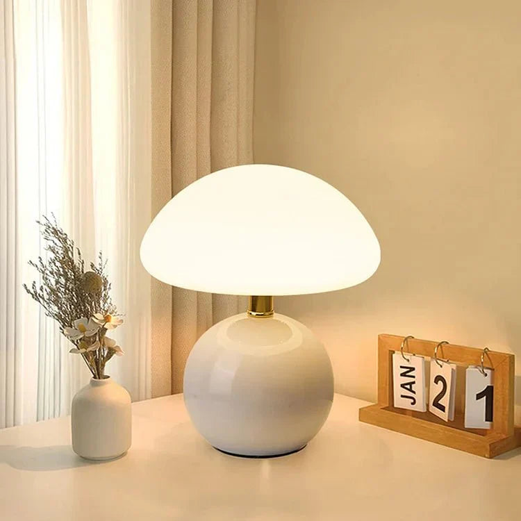 Ceramic Mushroom Table Lamp with 3-Color LED Light for Bedroom, Living Room & Nursery Decor | Thomler