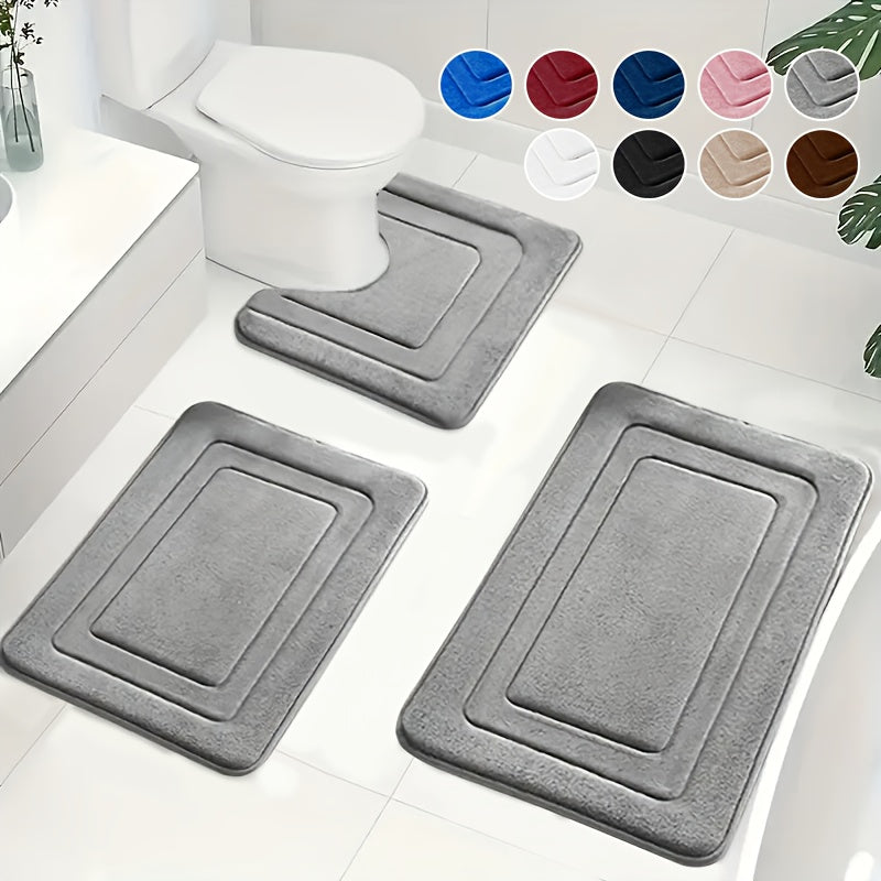 Memory Foam Bath Mat Set 3-Piece Non-Slip Absorbent Bathroom Rugs with U-Shape Toilet Mat Plush Microfiber Surface Contour Mats for Shower | Thomler