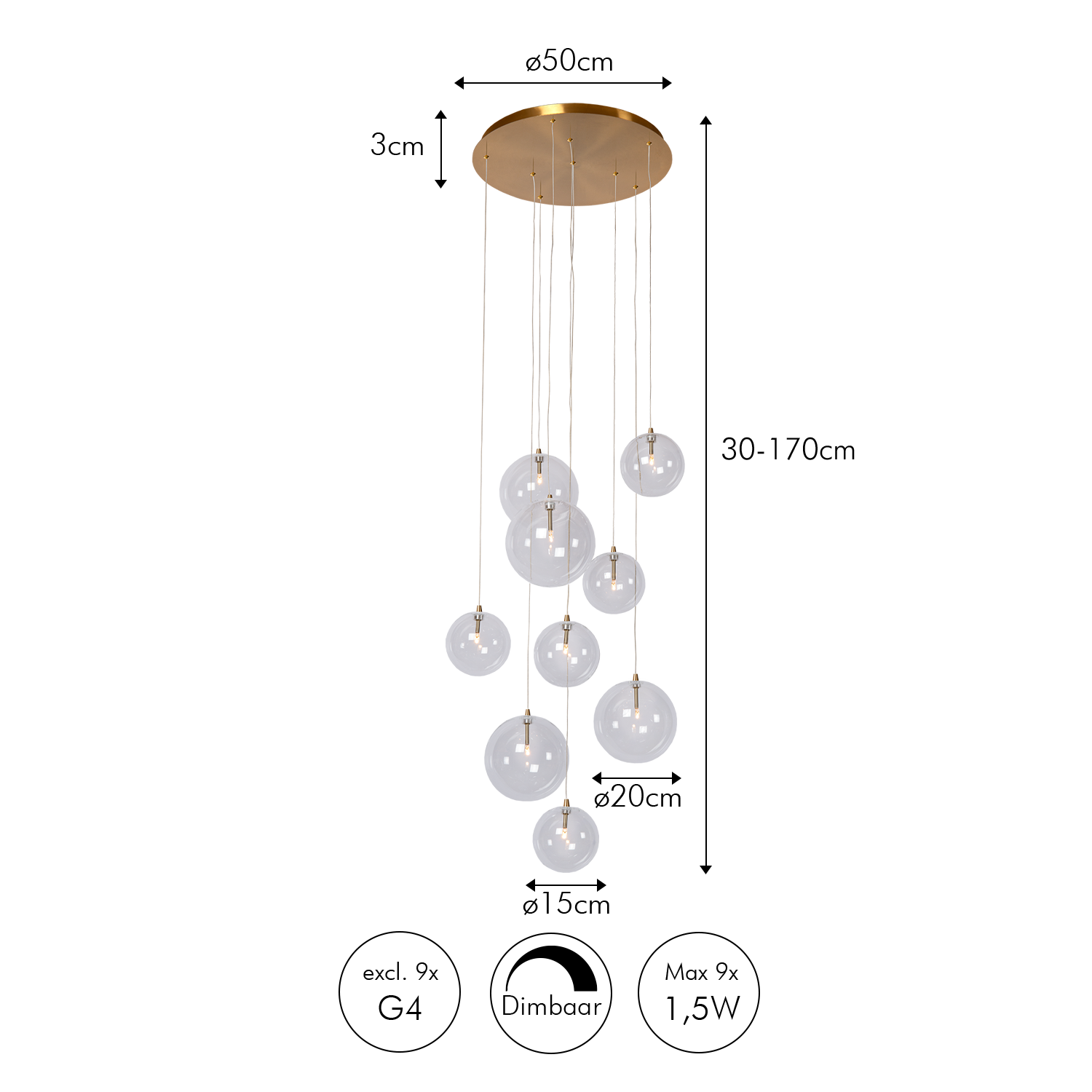 Pendant Light Glass Sphere Cluster 50.0 cm Antique Brass Dining Room Adjustable Hanging Ceiling Lamp | Thomler
