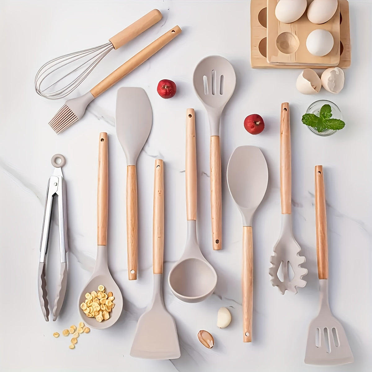 12-Piece Silicone Cooking Utensil Set with Wood Handles Heat Resistant Kitchen Tools for Nonstick Cookware Home Chef Spatula Spoon Whisk | Thomler