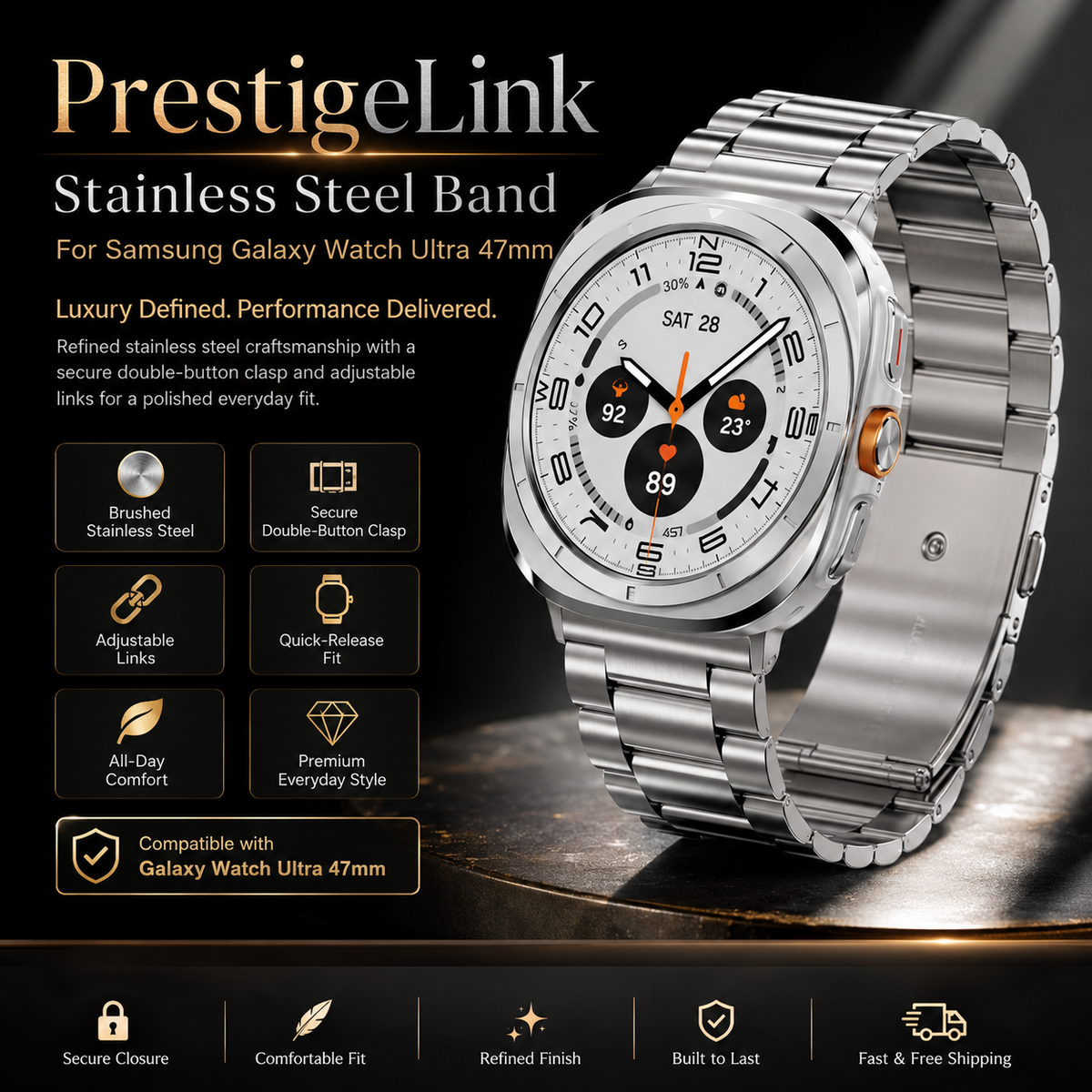 Stainless Steel Watch Strap for Samsung Galaxy Watch Ultra 47mm – Adjustable Metal Wristband for Ultra 2 (2026), Ultra (2025/2024) | Thomler