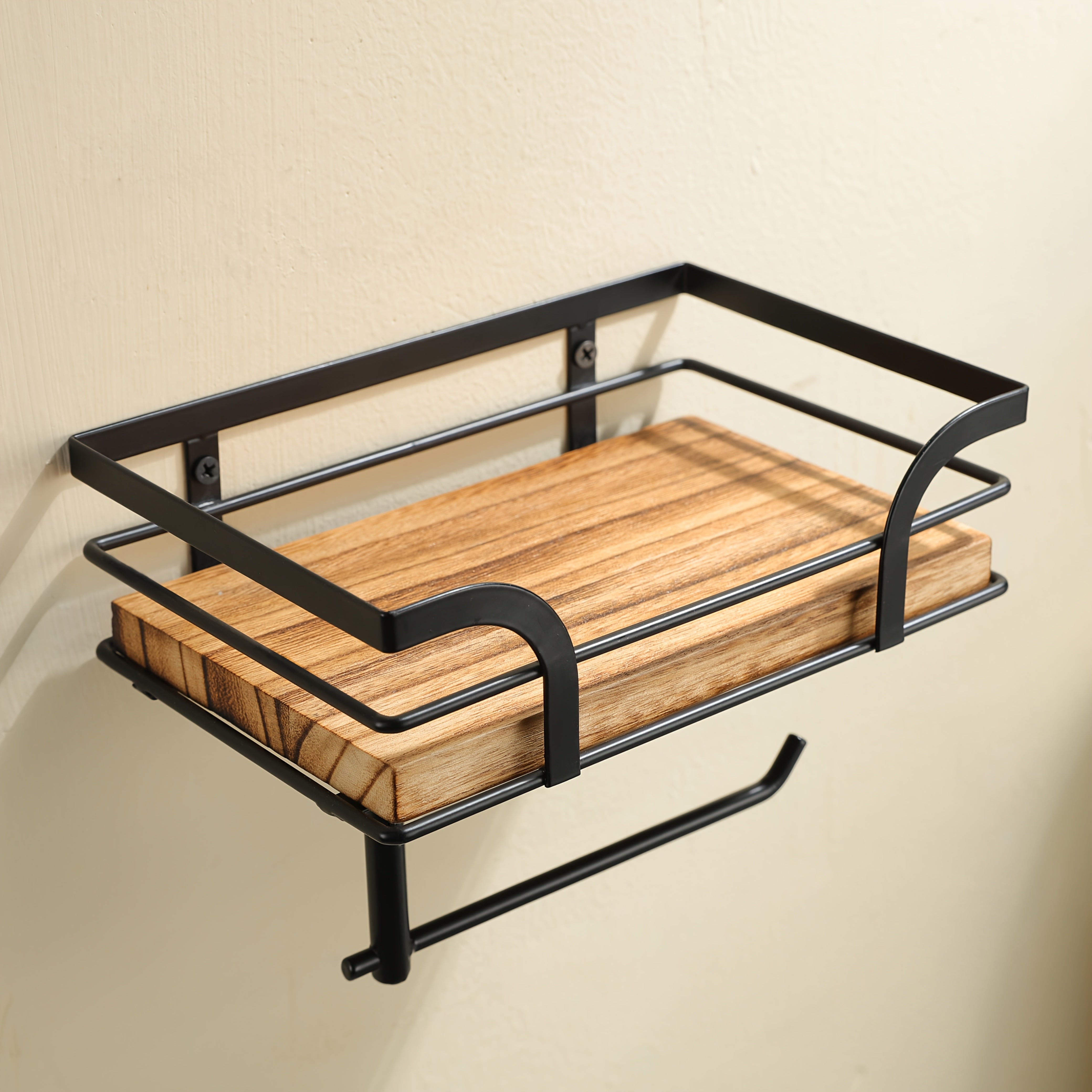 Toilet Roll Holder Wrought Iron Wood Shelf 20.0 cm Bathroom Storage Wall Mounted Organiser Industrial Toilet Shelf Rack | Thomler