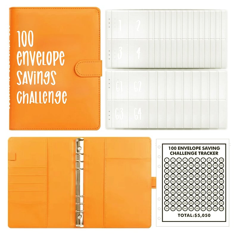 100-Envelope Money Saving Binder with Cash Envelopes for Budget Tracking & Financial Goals | PU Leather Organizer for Home Finance | Thomler