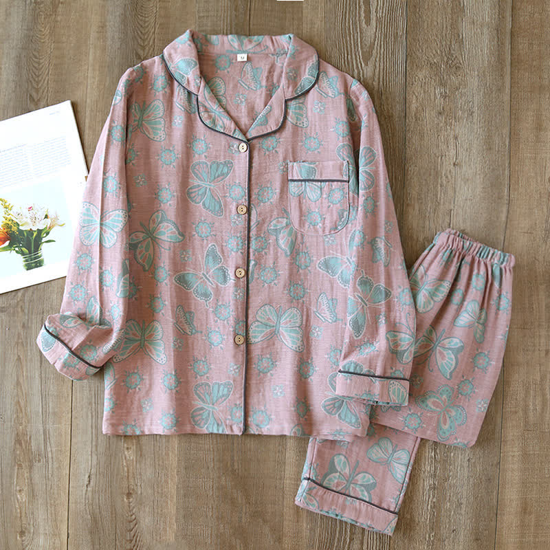 Women's Vintage Butterfly Print Cotton Pajama Set Short Sleeve Two Piece Sleepwear for Spring Summer Loungewear | Thomler