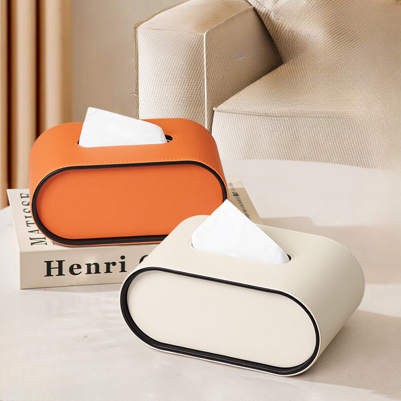 Tissue Box Leather 22.0 cm Oval Grey Beige Orange Living Room Desk Cover Holder | Thomler