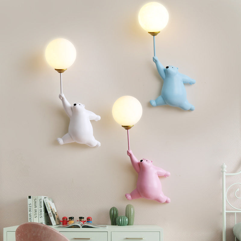 Bear with Balloon Wall Sconce Light for Kids Room Nursery Bedroom Playroom Resin Animal Design Accent Lighting White Blue Pink | Thomler