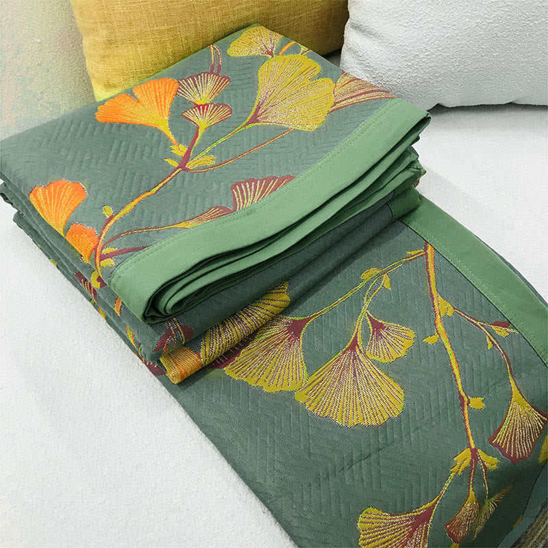 Reversible Cotton Throw Blanket with Ginkgo Leaf Pattern – Lightweight Summer Quilt for Bed, Sofa & Travel | Thomler