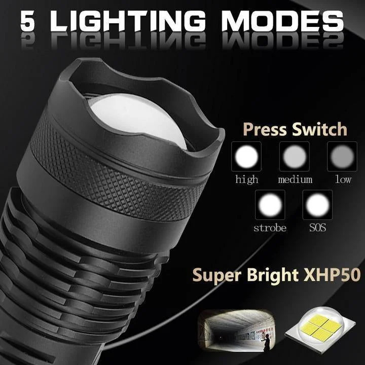 Rechargeable LED Tactical Flashlight USB Zoom Adjustable 90000 Lumen Handheld Torch for Camping Hiking Emergency | Thomler