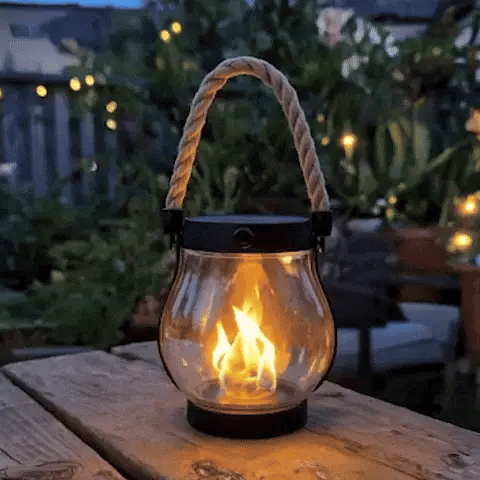 Solar Lantern Glass 25.5 cm Black Outdoor Flame Effect Garden Patio Hanging Light Waterproof USB Rechargeable | Thomler